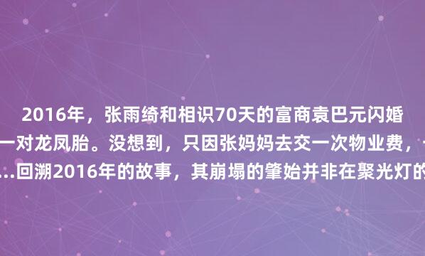 2016年，张雨绮和相识70天的富商袁巴元闪婚，不久后就火速生下了一对龙凤胎。没想到，只因张妈妈去交一次物业费，一切美好都被打破了......回溯2016年的故事，其崩塌的肇始并非在聚光灯的璀璨之下，而是隐匿于小区物业处，那散发着幽冷光芒的电脑屏幕之前。张雨绮的母亲站在那里，手里捏着缴...